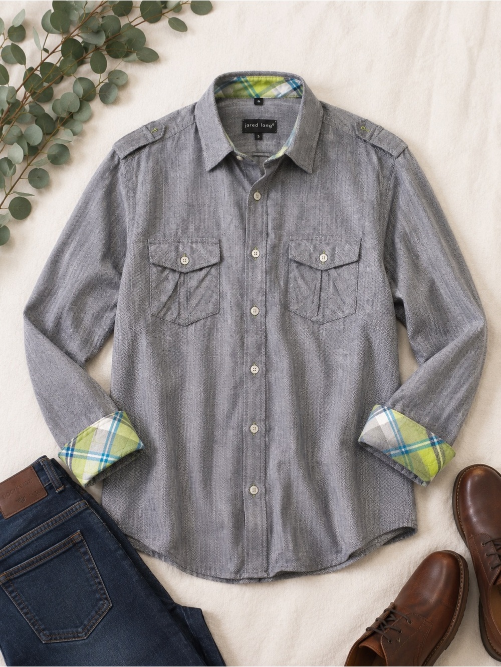 Jared Lang Gray Herringbone Linen‎ Button Up Shirt Plaid Cuff Detail